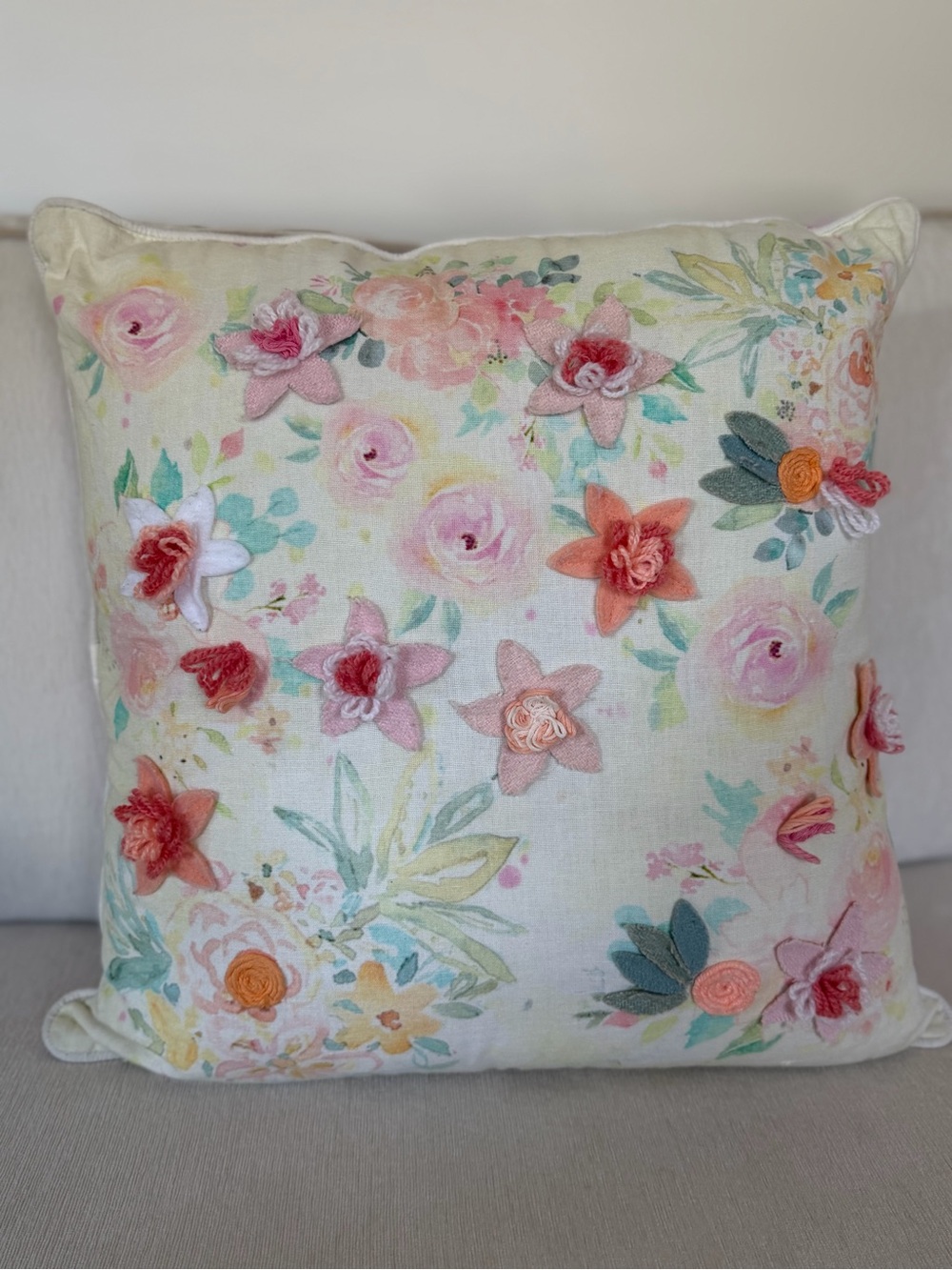 Floral Embroidered Decorative Pillow in Pastel Pink and Coral